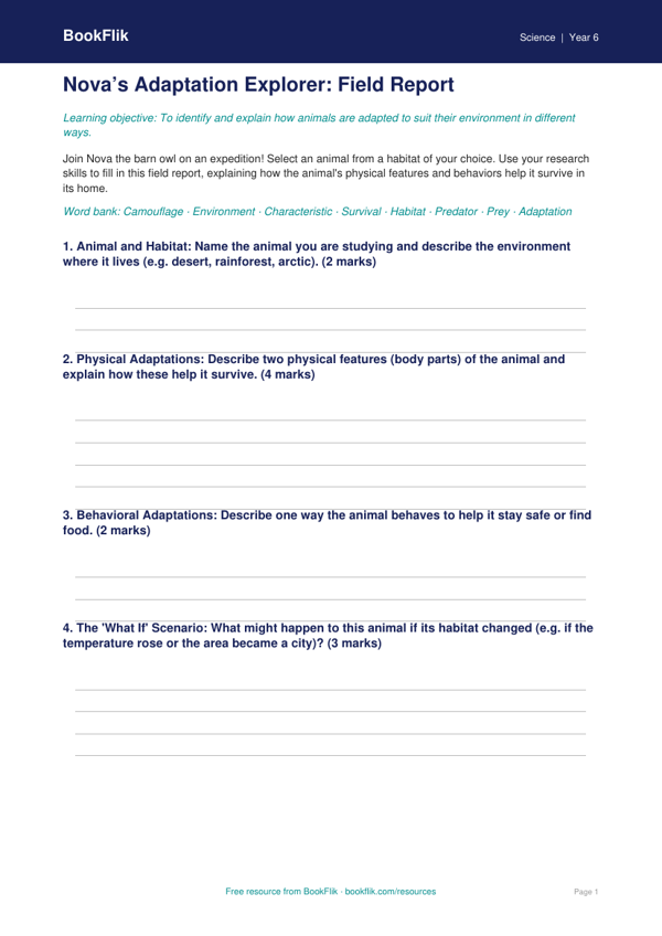 Adaptation Template Grade 5 Free | Science Lesson | BookFlik