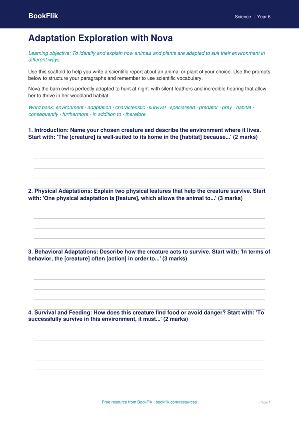Free Adaptation Writing Frame | Grade 5 | Science | BookFlik