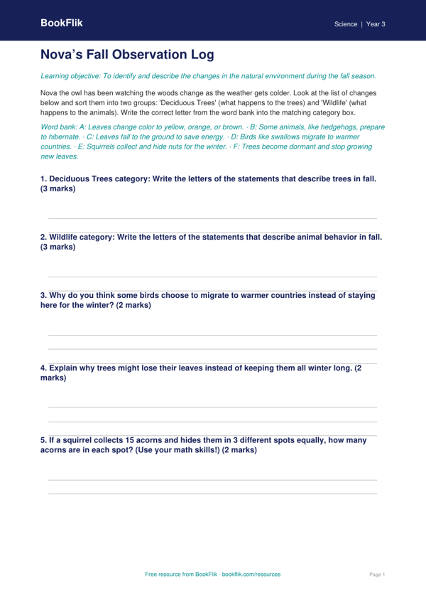 Free Autumn Science Activity Sheet | Grade 2 | Science | BookFlik worksheet preview — Science Autumn Science