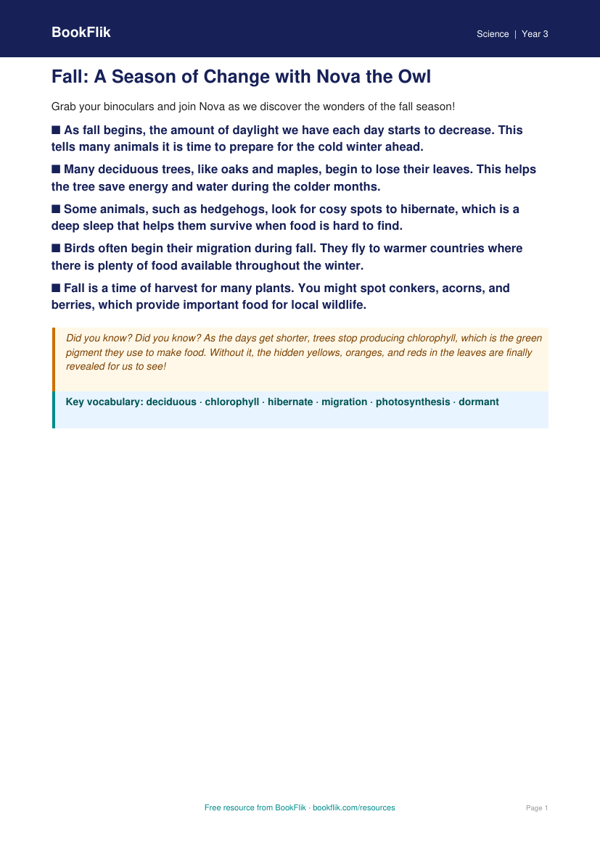 Free Autumn Science Poster | Grade 2 | Science | BookFlik worksheet preview — Science Autumn Science