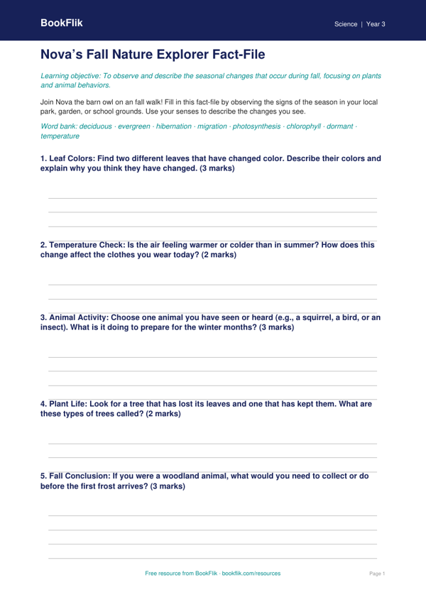 Free Autumn Science Template | Grade 2 | Science | BookFlik worksheet preview — Science Autumn Science