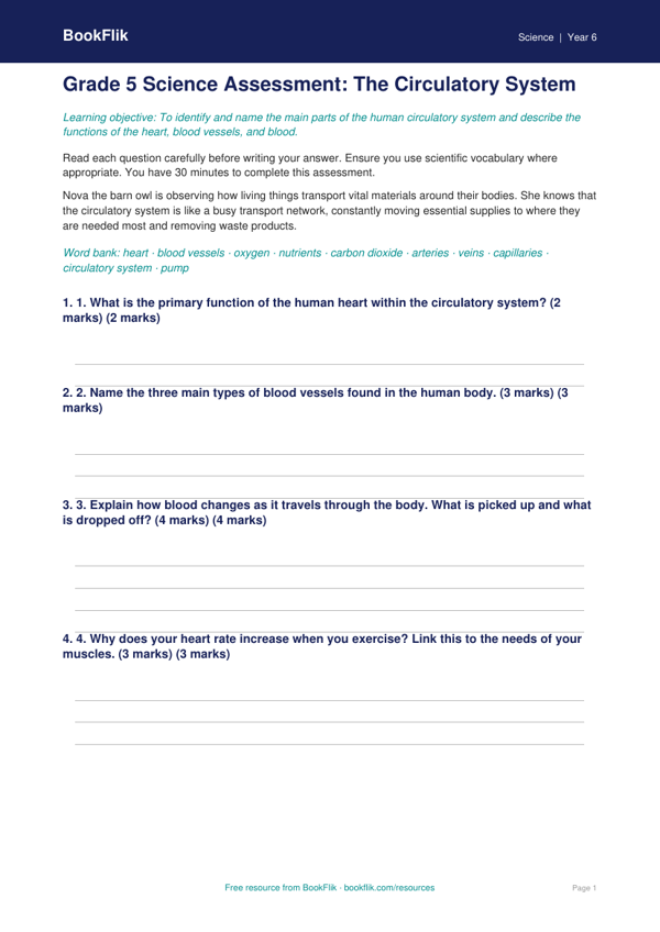 Free Circulatory System Assessment | Grade 5 | Science | BookFlik