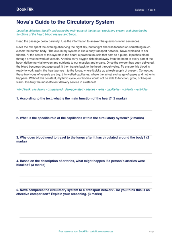 Free Circulatory System Comprehension | Grade 5 | Science | BookFlik