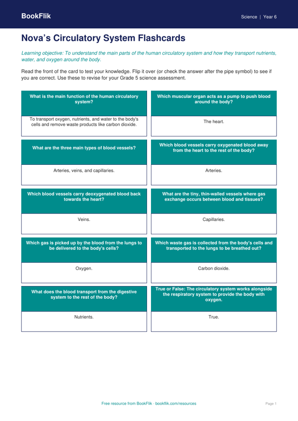 Free Circulatory System Flashcards | Grade 5 | Science | BookFlik