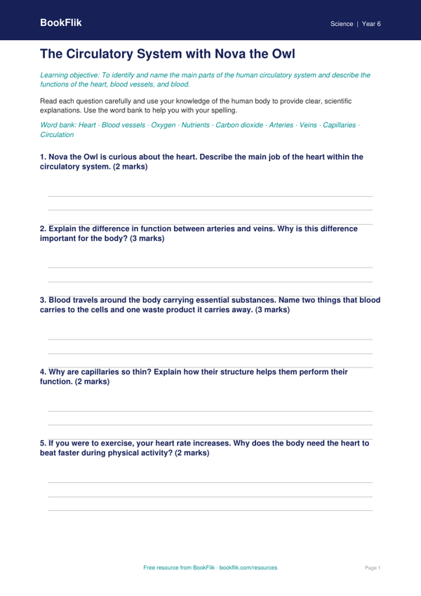 Free Circulatory System Worksheet | Grade 5 | Science | BookFlik