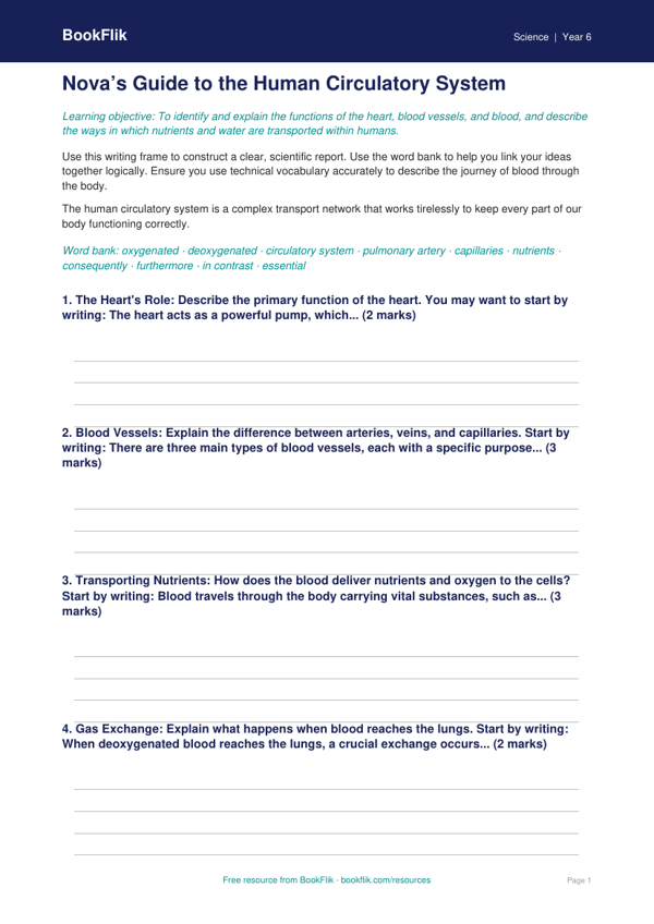 Free Circulatory System Writing Frame | Grade 5 | Science | BookFlik