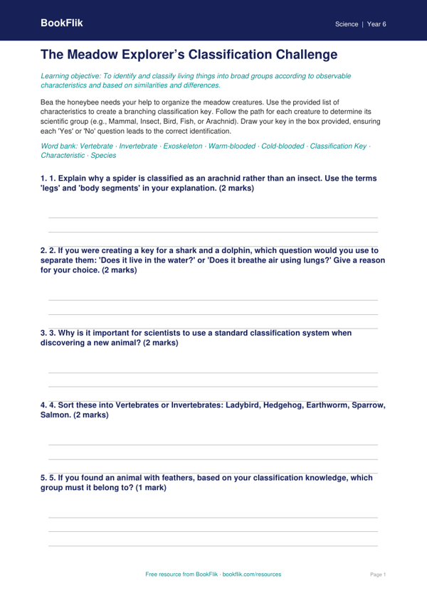 Free Classification Keys Activity Sheet | Grade 5 | Science | BookFlik