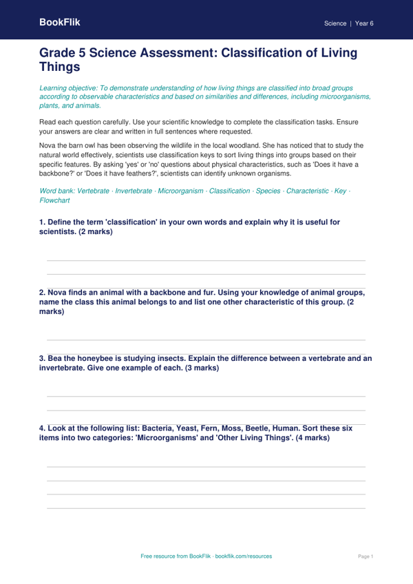 Free Classification Keys Assessment | Grade 5 | Science | BookFlik worksheet preview — Science Classification Keys