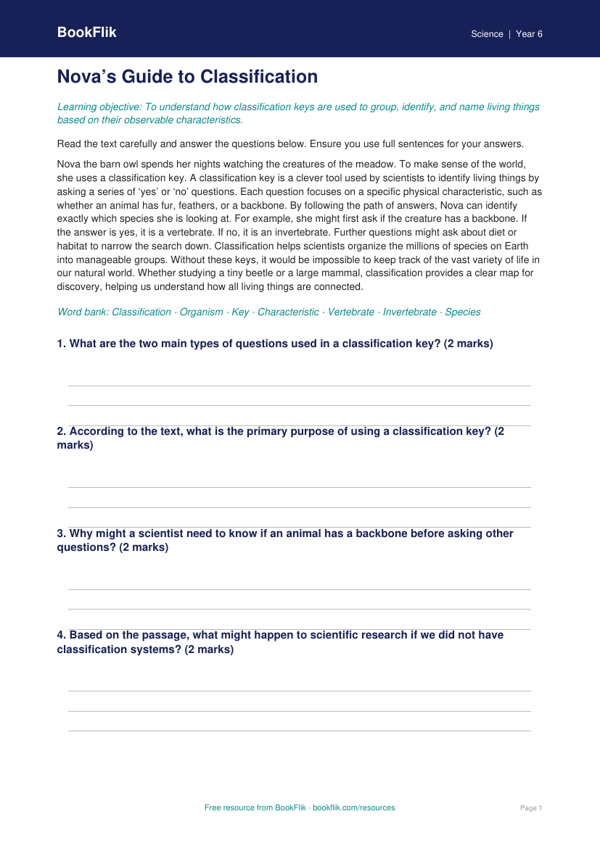Free Classification Keys Comprehension | Grade 5 | Science | BookFlik worksheet preview — Science Classification Keys