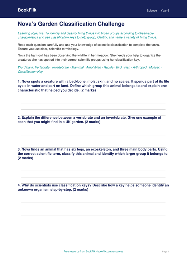 Free Classification Keys Worksheet | Grade 5 | Science | BookFlik