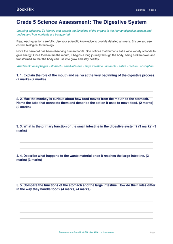 Free Digestion Assessment | Grade 5 | Science | BookFlik worksheet preview — Science Digestion