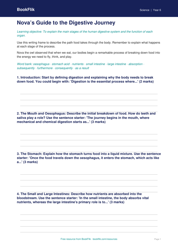 Free Digestion Writing Frame | Grade 5 | Science | BookFlik worksheet preview — Science Digestion