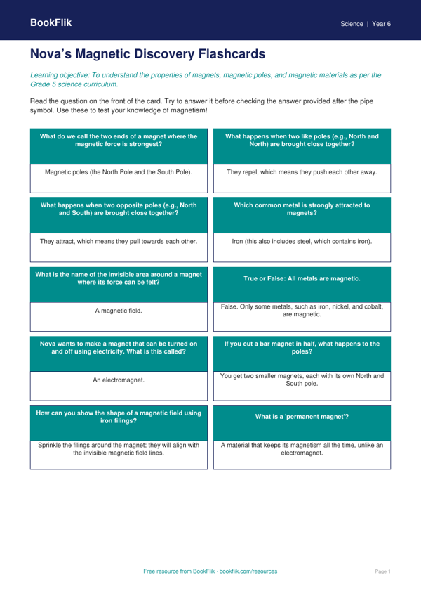 Free Magnets Flashcards | Grade 5 | Science | BookFlik worksheet preview — Science Magnets
