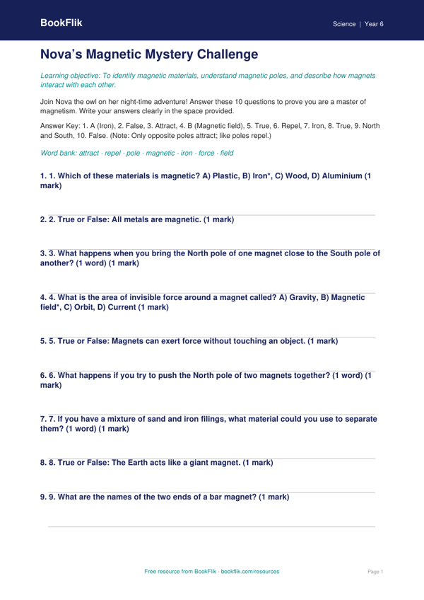 Free Magnets Quiz | Grade 5 | Science | BookFlik worksheet preview — Science Magnets