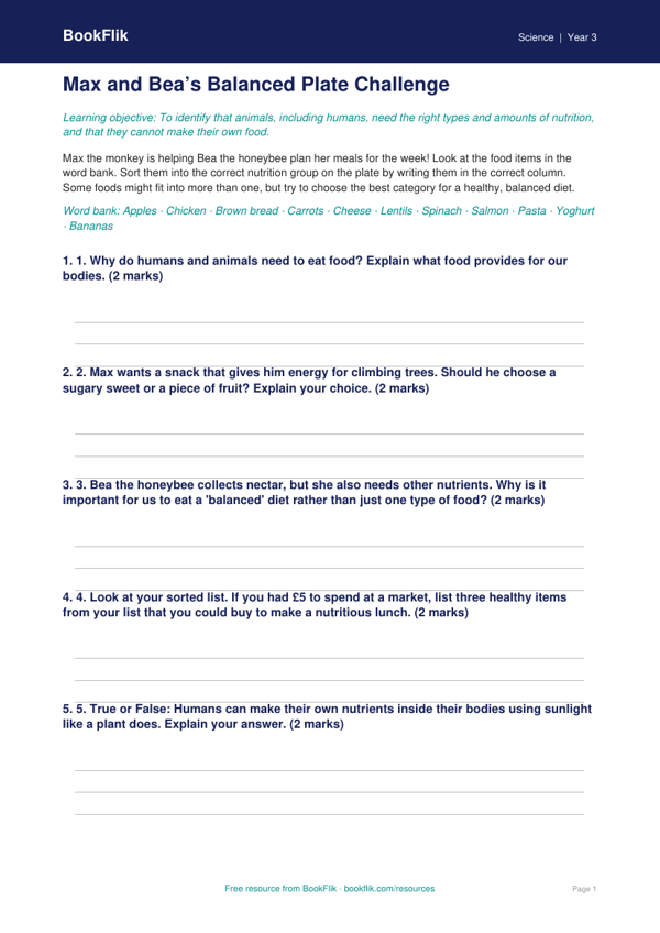 Free Nutrition Activity Sheet | Grade 2 | Science | BookFlik worksheet preview — Science Nutrition