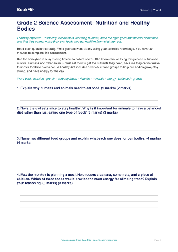 Free Nutrition Assessment | Grade 2 | Science | BookFlik worksheet preview — Science Nutrition