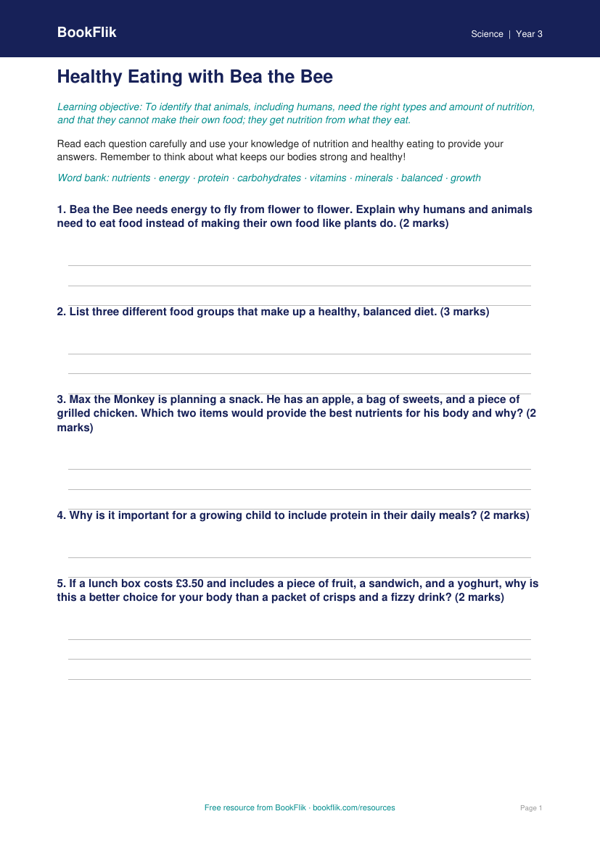 Free Nutrition Worksheet | Grade 2 | Science | BookFlik worksheet preview — Science Nutrition