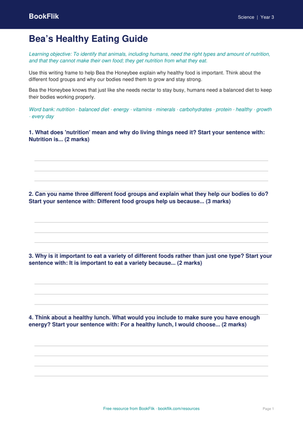 Free Nutrition Writing Frame | Grade 2 | Science | BookFlik worksheet preview — Science Nutrition