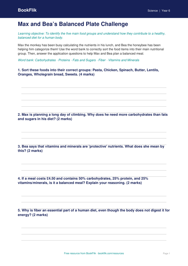 Free Nutrition Activity Sheet | Grade 5 | Science | BookFlik