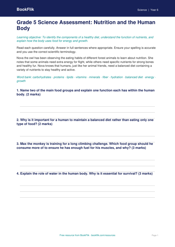 Free Nutrition Assessment | Grade 5 | Science | BookFlik