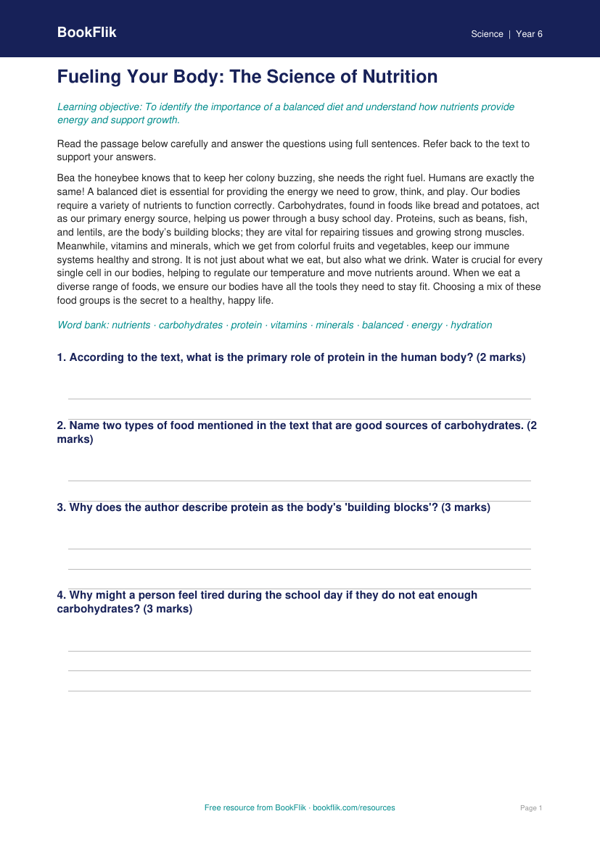 Free Nutrition Comprehension | Grade 5 | Science | BookFlik