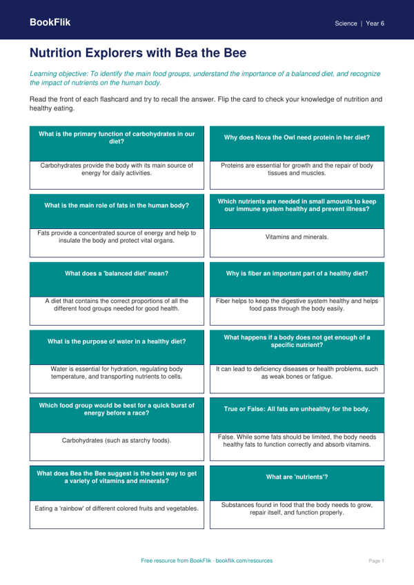 Free Nutrition Flashcards | Grade 5 | Science | BookFlik
