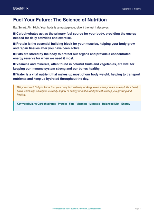 Free Nutrition Poster | Grade 5 | Science | BookFlik