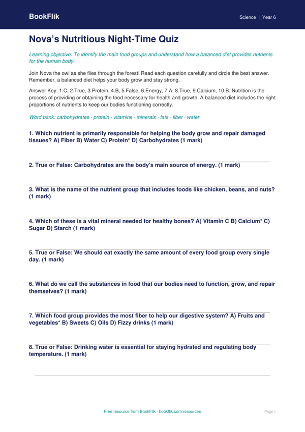 Free Nutrition Quiz | Grade 5 | Science | BookFlik