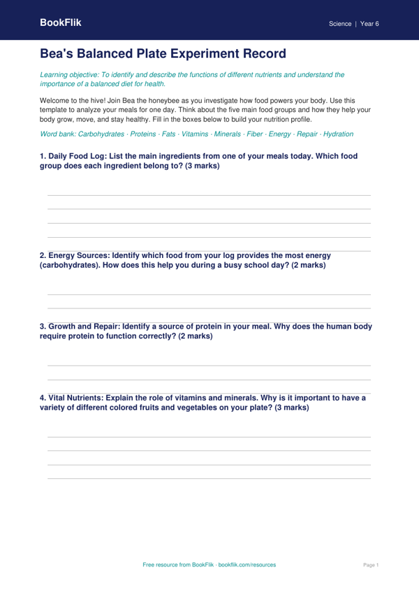 Free Nutrition Template | Grade 5 | Science | BookFlik