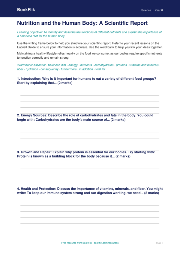 Free Nutrition Writing Frame | Grade 5 | Science | BookFlik