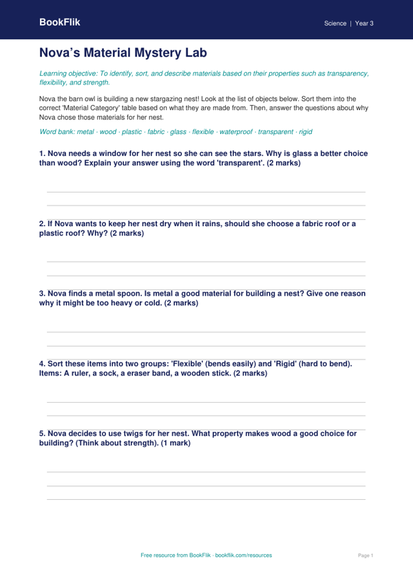 Free Properties Of Materials Activity Sheet | Grade 2 | Science | BookFlik worksheet preview — Science Properties Of Materials