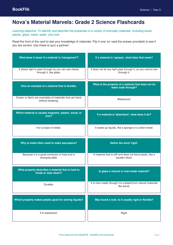 Free Properties Of Materials Flashcards | Grade 2 | Science | BookFlik worksheet preview — Science Properties Of Materials