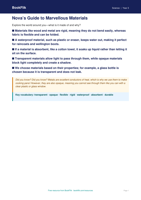 Free Properties Of Materials Poster | Grade 2 | Science | BookFlik worksheet preview — Science Properties Of Materials