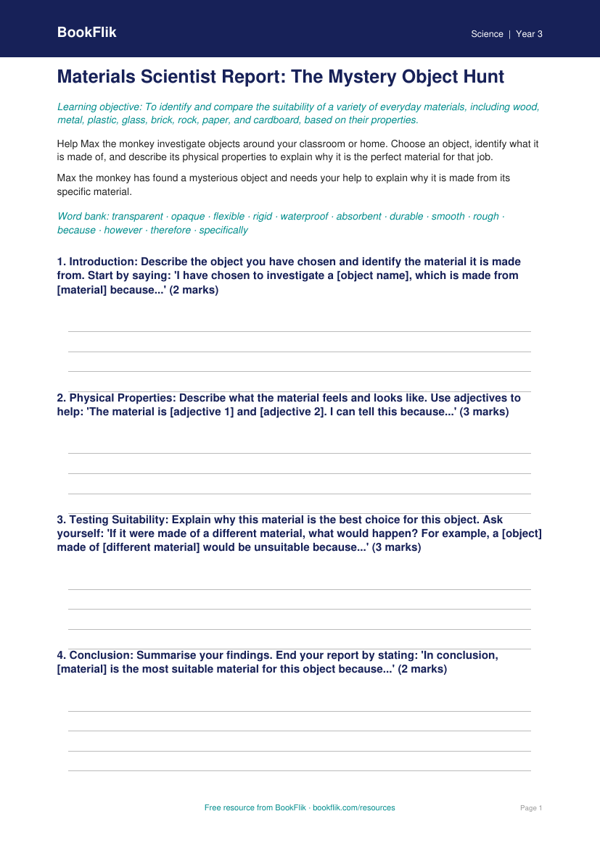 Free Properties Of Materials Writing Frame | Grade 2 | Science | BookFlik worksheet preview — Science Properties Of Materials