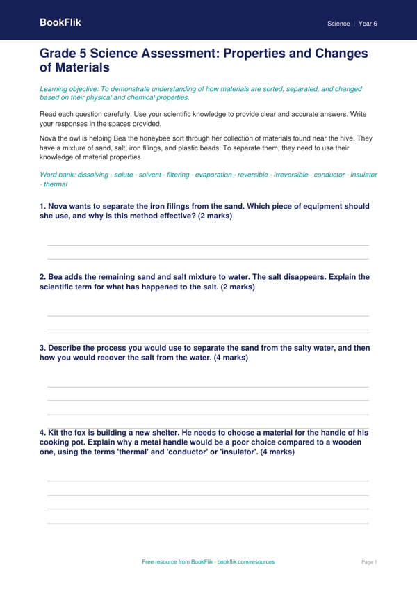 Free Properties Of Materials Assessment | Grade 5 | Science | BookFlik