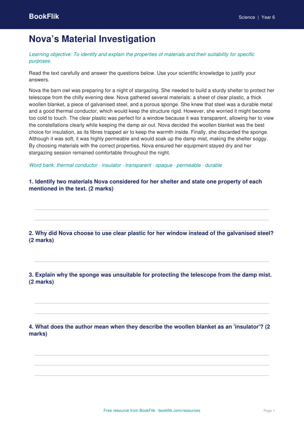 Free Properties Of Materials Comprehension | Grade 5 | Science | BookFlik