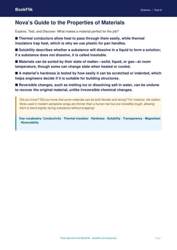 Free Properties Of Materials Poster | Grade 5 | Science | BookFlik