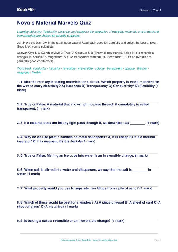 Free Properties Of Materials Quiz | Grade 5 | Science | BookFlik