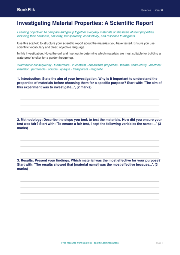 Free Properties Of Materials Writing Frame | Grade 5 | Science | BookFlik