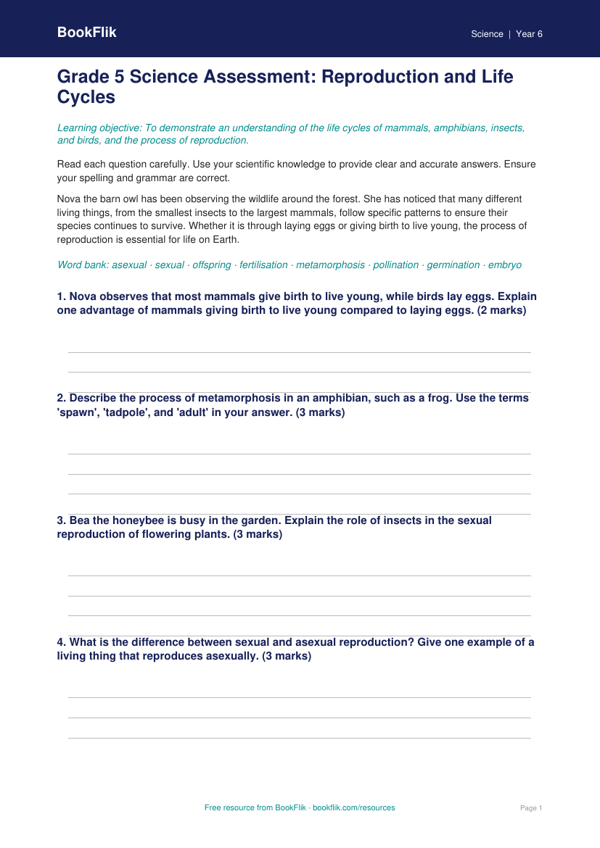 Free Reproduction Assessment | Grade 5 | Science | BookFlik