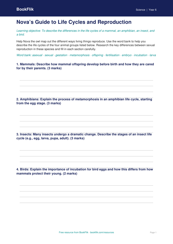 Free Reproduction Template | Grade 5 | Science | BookFlik