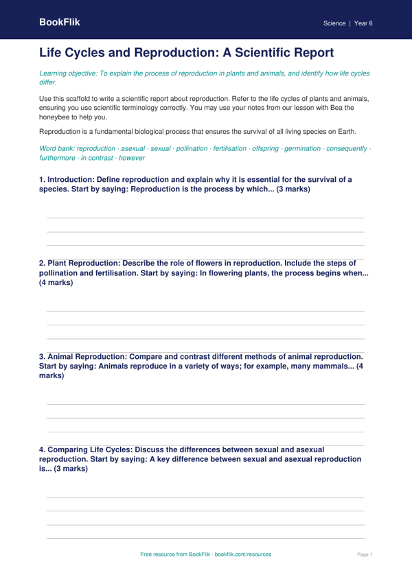 Free Reproduction Writing Frame | Grade 5 | Science | BookFlik