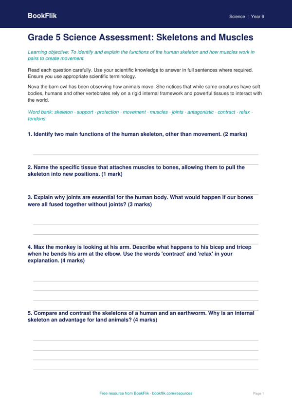 Free Skeleton And Muscles Assessment | Grade 5 | Science | BookFlik