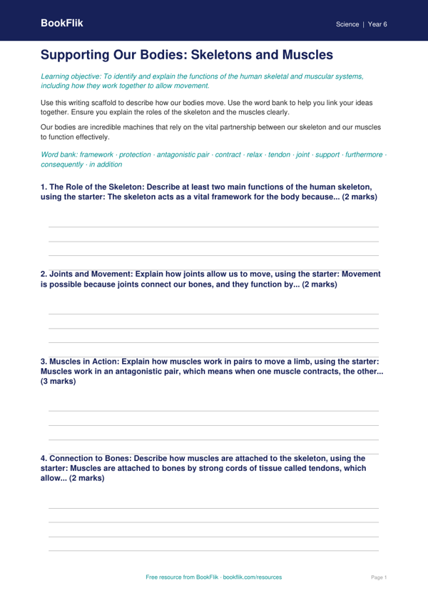 Free Skeleton And Muscles Writing Frame | Grade 5 | Science | BookFlik
